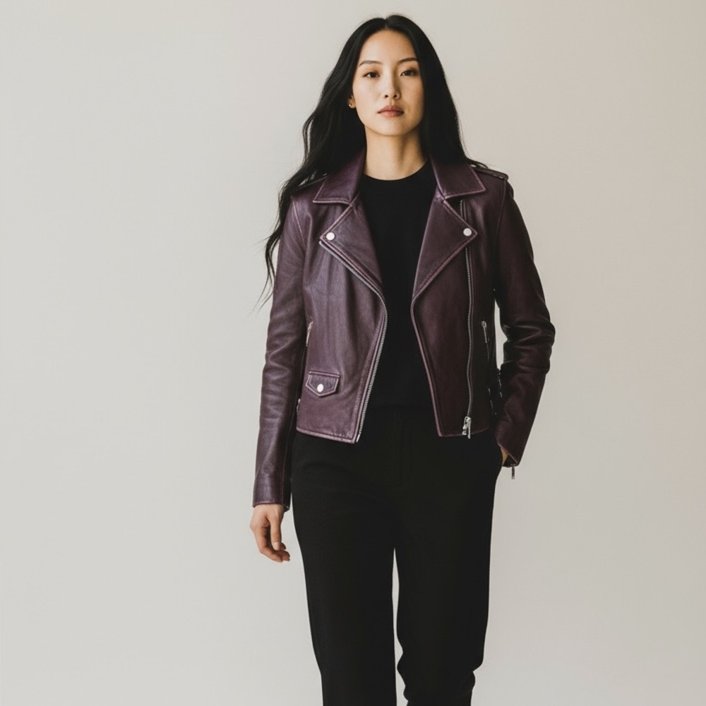 Amaryllis Distressed 100% Leather Moto Deep Jacket Purple Asymmetric Zip Size S